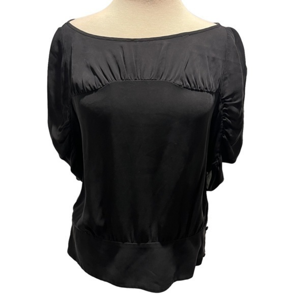 Loeffler Randall Black Silk Ruched Sleeve Boat Neck Blouse Top Size 10‎ #120
